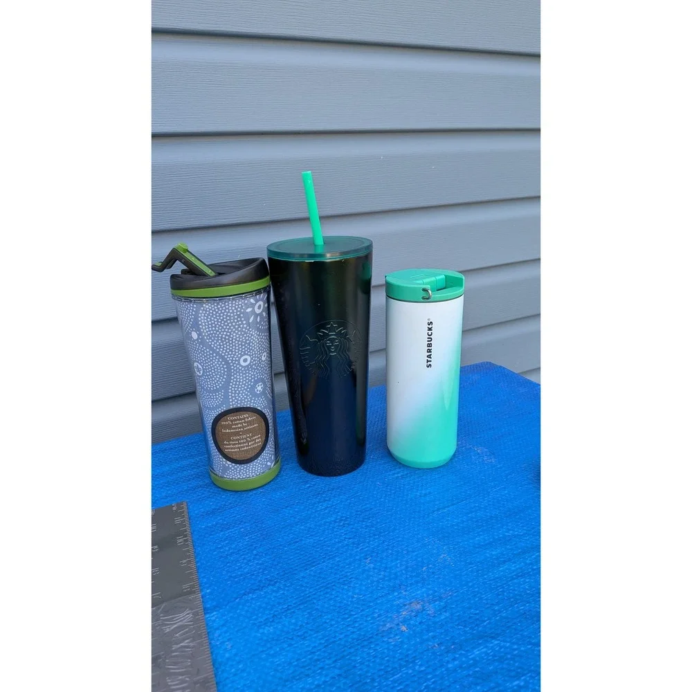Starbucks Tumbler Lot of 3 Matte Black 24oz Teal Gradient 12oz Fabric Inlay 16oz